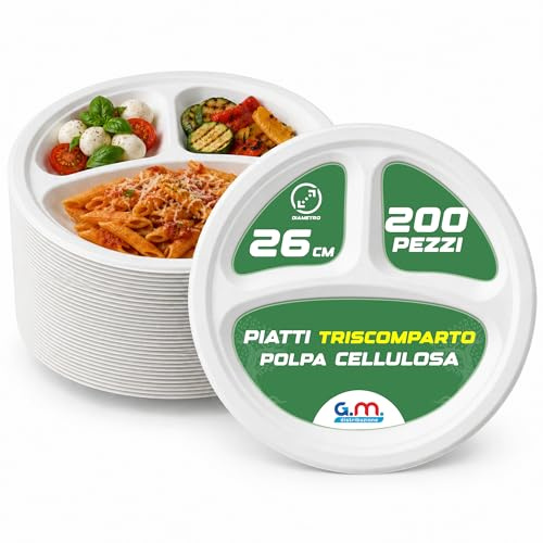 G.M. DISTRIBUZIONE 200 Piatti Tondi Triscomparto 26 cm Bianchi in Polpa di Cellulosa, Compostabili e Biodegradabili, Adatti al Microonde, 3 Scomparti
