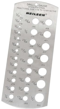 Neilsen CT4328 Imperial StainlessSteel Drill Gauge 1/16-1/2,29 Hole Gauge | Stainless steel construction, 29 gauge sizes, 1/16in to 1/2in range, High contrast etched markings, Hanging hole storage