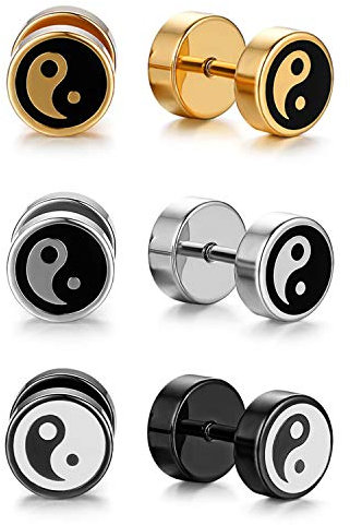 Flongo 3 Paare Damen Ohrringe Set 8mm Edelstahl Fake Tunnel Tai chi Yin Yang Illusion Ohrstecker Männer Gestüt Piercing Cheater Hanteln Ohrschmuck Silber Gold Schwarz mit Schaubverschluss