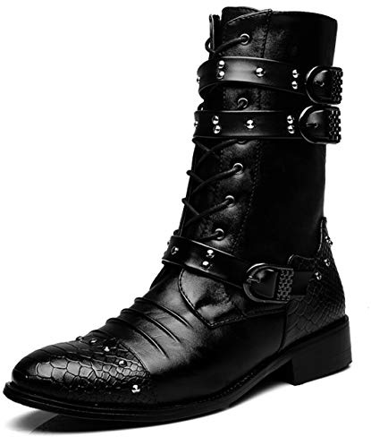 Santimon Men's Boots Retro Studded Rivet Buckle Zipper Western Motorcycle Combat Boot Heavy Metal Punk Rock Black