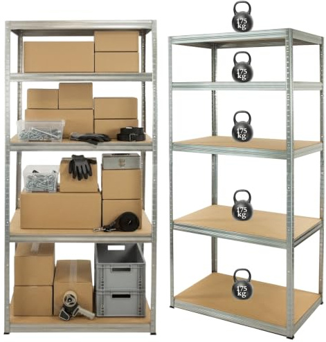 MODO24 Metallregal Helios 180x110x60cm, Verzinkt, 175kg/Fach, 5 Böden | Stahl + MDF (6-9mm), Montage ohne Schrauben, Lochabstand 35mm - stufenlos höhenverstellbar. Traglast gesamt: 875kg.