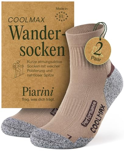 Piarini 2 Paar Coolmax Wandersocken Sommer Kurz, Atmungsaktiv, Anti Blasen & Geposltert - Outdoor Trekkingsocken Damen Herren - Gr. 35-38 bis 47-50