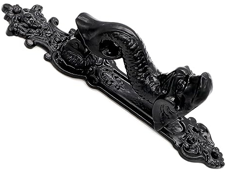 Mythrojan Türklopfer aus Gusseisen mit schwarz pulverbeschichtetem Vordertürklopfer, mittelalterliches Design, robuste rustikale Hardware für Schloss, Hütte, Hauseingang, Schwarz, 25,4 x 5,1 cm