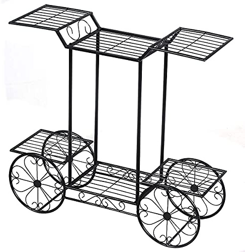 GIANTEX Étagère à Fleurs en Forme de Chariot. Support Métallique pour Jardin avec 6 Etagères.Présentoir de Fleurs avec Roues Décoratives, pour Intérieur & Extérieur, Noir