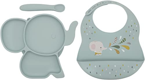 Koko Kids® 3-teiliges Silikon-Fütterungsset ~ Elefantenteller, Löffel und Lätzchen für Babys und Kleinkinder (Minzgrün)