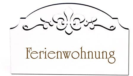 DEKO-LANDO Ferienwohnung Türschild Schild Holz graviert Ornamente selbstklebend Vintage Fewo Türdeko 15,5 x 9,5 0,5 cm, Weiß