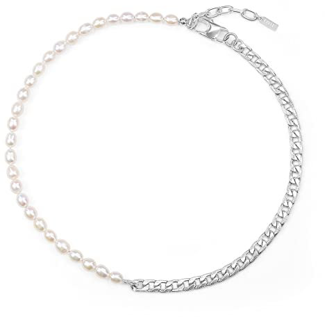 COAI Collar de Perlas Cultivadas de Agua Dulce y Cadena Barbada en Acero Inoxidable para Hombre y Mujer