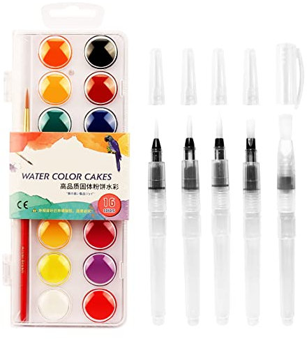 MAIXINNEW Kit de Pinceau Reservoir Aquarelle, 16 Couleurs Palette Aquarelle avec 5 Pièces Pinceau Aquarelle Reserve d'eau pour Peinture Aquarelle et Lettrage