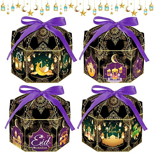 12 Stücke Ramadan Geschenkschachteln, Sechseckige Geschenkbox mit Bänder, Muslimische Leckerlis Geschenktüten, Eid Mubarak Party Favor Taschen, Zugunsten Box für Islamischen Muslim Eid Party Supplies