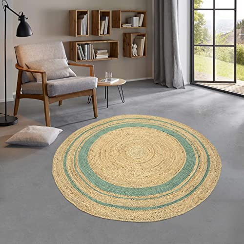 Taracarpet runder Jute Teppich Sisal Optik mit Bordüre Kurzflor Boho modern für Wohnzimmer Schlafzimmer nachhaltig Natur-Teppich Natur-grün 250 cm rund