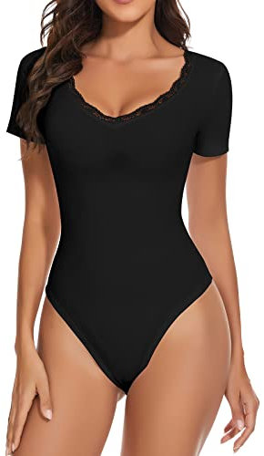 WOWENY T shirt Body Damen Elegant Spitze Kurzarm Bodysuit Women Tops mit v Ausschnitt Damenbody für damen Tanz-Body Stringbody Trachtenbody Spitzenbody Schwarz Damen L