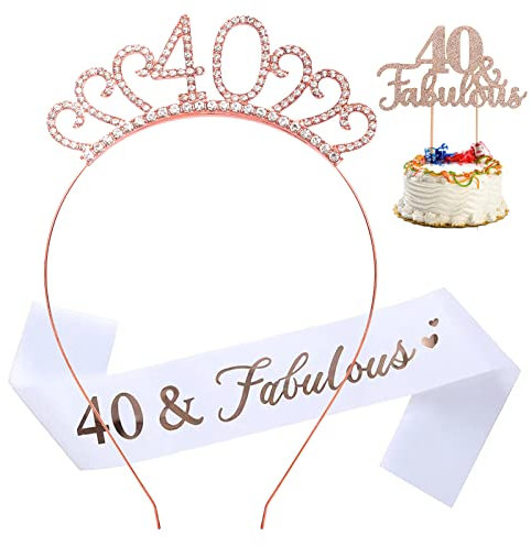 40 & Fabulous Sash & Rhinestone Tiara cake topper Set, Great Birthday Gifts,Rose Gold Birthday Sash/Tiara for Women's 40th Birthday Party Decoration (Rose Gold 40th)