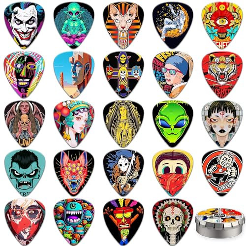 Plektrum 24 Stück,Guitar Picks 0.46/0.71/0.96/1.20mm 4 Verschiedene Stärke Zelluloid Gitarren Plektren,Gitarren Plectrum für Akustikgitarre, E-Guitar, Bass,Ukulele(Mix-5)