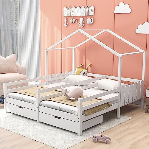 LINTAIZUO Hausbett, Doppelbett, Kinderbett, Gitterbett mit 2 MDF-Schubladen, Schubladen auf Rollen, Lattenrost aus Kiefer, weiß (200x90cm)
