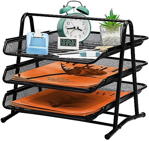 PLSOPPKG Wire Mesh Letter Tray, 3 Tier Mesh Desk Organizer Office, Sliding Paper Tray, A4 Trays, Magazine File Document Tray, Metal Mesh in Tray, Desktop File Tidy Organizer Home, Office, Black