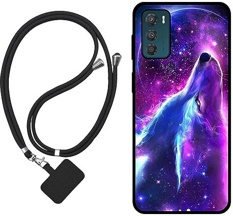 Sunrive Hülle Kompatibel mit Motorola Moto g42 Case,matt Handyhülle Schutzhülle Etui Karikatur Muster TPU Backcover (Wolf,Mond,Sterne) +1x Universale Handykette MEHRWEG