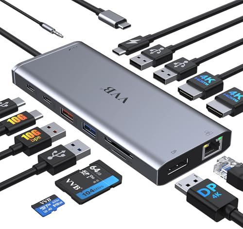 USB C Docking Station 2 HDMI,Triple Display 10Gbps USB C Hub,14 in 1 Laptop Dockingstation mit 2 * 4K HDMI,DP/Displayport,Ethernet,4*USB,2*USB C Data,100W PD,SD/TF,Audio, USB C Dock für HP Dell
