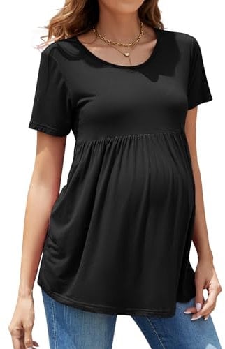 Brynmama Maglietta da maternità Carina Estate Maniche Corte Top Casual con Volant Peplum per Lavoro Nero, S