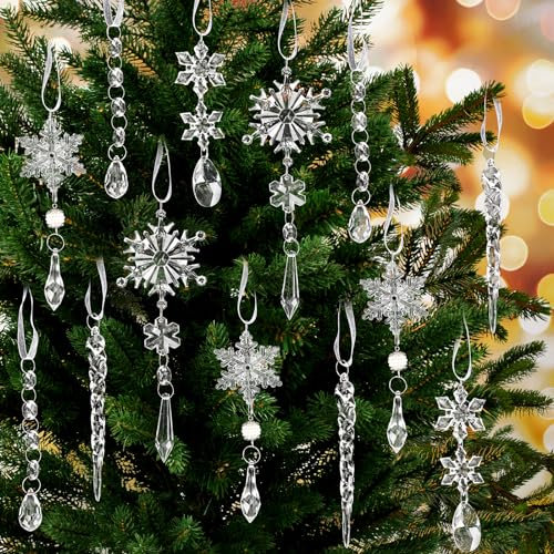 Qpout 18pcs Cristal Adornos de Navidad Árbol de Navidad Colgante Acrílico Navidad Copo de Nieve Carámbano Gota de Cristal Adornos Colgantes para Árbol de Navidad Año Nuevo Fiesta Invierno Suministros