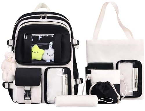 Horhrear Kawaii-Rucksack, 5-teiliges Set für die Schule, niedlicher transparenter Rucksack, adrett mit ästhetischem Anhänger für Mädchen und Jungen, Grundtasche, Schwarz, Einheitsgröße, Schulbedarf
