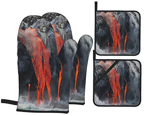 Ofenhandschuhe und Topflappen-Sets, Vulkan-Muster, Küchenofenhandschuh und Topflappen, 4 Stück, zum Backen, Grillen