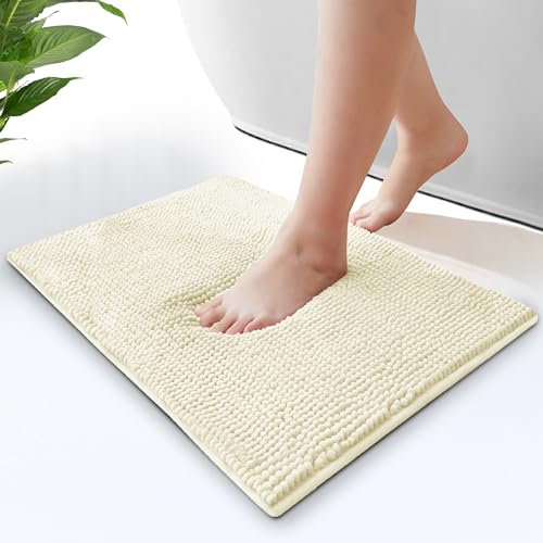 Moonlight Bedding Bath Mat Non Slip Anti Mould - Chenille Shower Mat Cream 50 x 80 cm Super Absorbent Bathroom Mat Machine Washable Extra Soft Fluffy Bathmat