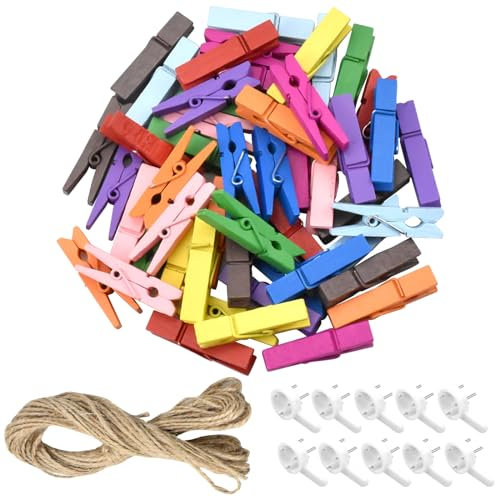 50pcs Mini Pince a Linge, Pince a Linge Bois, Pinces à Linge Colorées, 3.5 Cm Clips Photo en Bois, Mini Pince, Petite Pince a Linge Bois avec 10 m Jute Corde pour Vêtements Photos Loisirs Créatifs