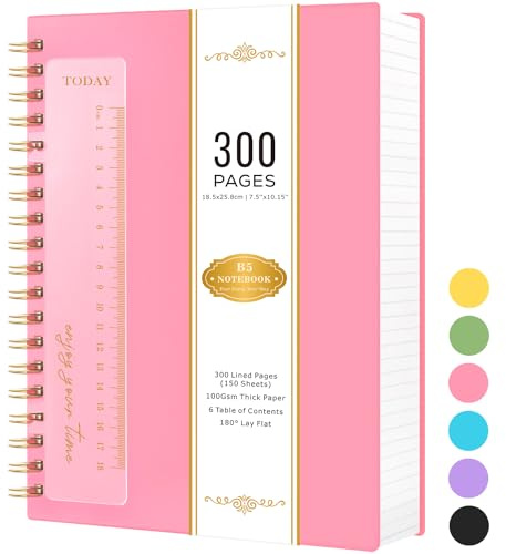 NIRMIRO Notebook Notepad B5, 18.5 x 25.8cm, Spiral Notebooks Journal Wirebound Note Books for Women/Men, 300 Pages/150 Sheets 100GSM Lined Paper, PVC Waterproof Cover,Pink