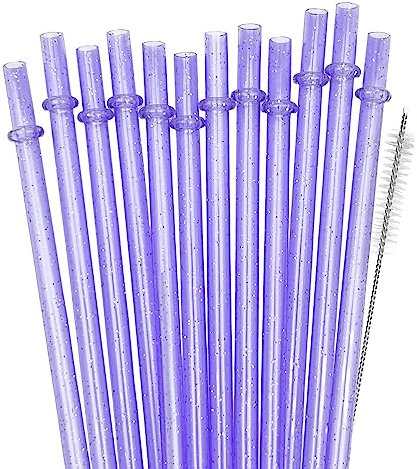 SUNDEE Reusable Plastic Straws, Glitter Straws Reusable Drinking Straw Thick BPA-Free Glitter Drinking Straw Accessories, Set of 12 Pcs Colorful Straw with Cleaning Brush - Dark Purple