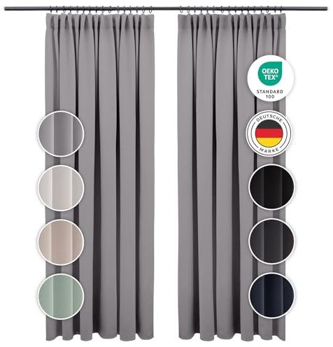 Blumtal Verdunklungsvorhänge Kräuselband 140x225 cm im 2er Set - Oeko-TEX zertifizierte Vorhänge Blickdicht - Thermovorhang Hitzeschutz - Curtains Blackout - Thermovorhang Kräuselband in Grau