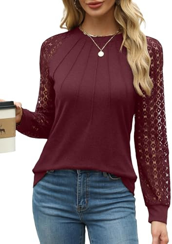 Aokosor Women Long Sleeve Tops for Women UK Plain Crew Neck Pleated Shirt Loose Casual Blouse Tunic Shirt Ladies Jumpers Size 10-12 Red