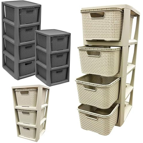 3 Or 4 Drawer Large Spacious Rattan Effect Cream & Grey Home OfficeModular Storage Tower Unit (1, Cream - 3 Drawer)