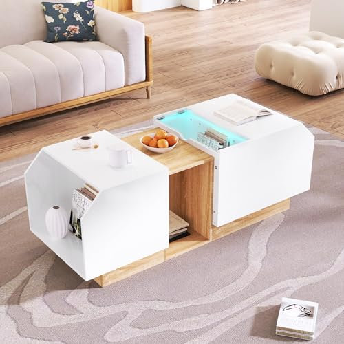 Mesa auxiliar de 115 x 58,2 x 40 cm, moderna mesa de centro LED brillante con estante versátil, combinación de colores de cristal, blanco y madera, mesa consola para salón