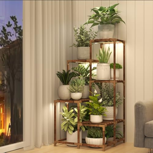 HOMKIRT Eck-Pflanzenständer mit 11 Etagen, für den Innenbereich, mit Wachstumslicht, Holz, Etagenregal, Blumenständer für mehrere Pflanzen, für Terrasse, Veranda, Wohnzimmer