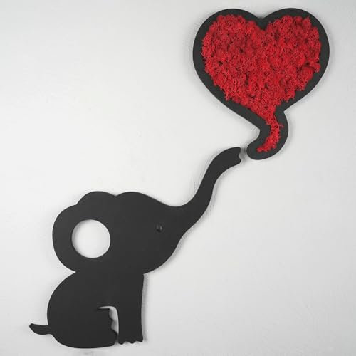 ebenkunst | Moosbild - Elefant mit Herz - Wanddekoration aus Holz, HDF-Schwarz, Größe 54x45.6x1cm, konserviertes Moos, handgefertigte Wandkunst (Rot)