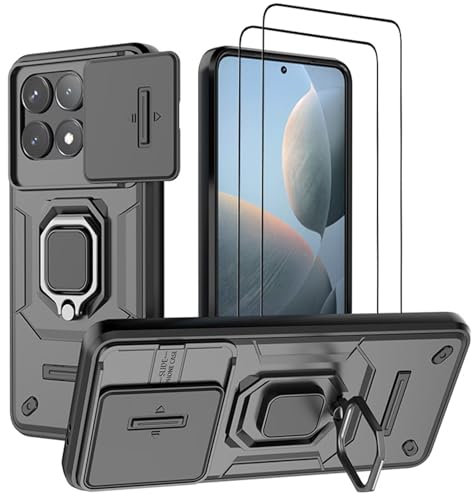 DERHAN Funda para Xiaomi Poco F6 Pro, Carcasa con Cristal Templado [2 Piezas] + Cubierta de Lente [Protección de Cámara], Bumper Funda Resistente a Arañazos con Soporte - Negro