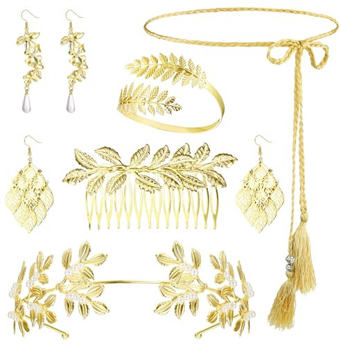 Finrezio Griechische Göttin Kostüm Zubehör Set für Damen Blatt-Stirnband Spiral Oberarmarmband Baumelnde Ohrringe Halskette für Hochzeit Toga Party Verstellbar Brauthochzeit Halloween