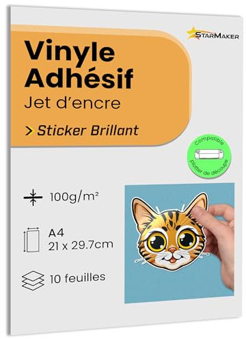 A4 x 10 hojas adhesivo vinilo brillante, papel adhesivo imprimible de inyección de tinta impermeable y resistente para pegatinas premium