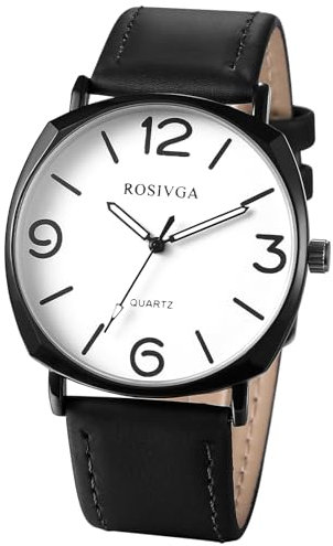 JewelryWe Herrenuhr Schwarz Leder Uhr: Klassische Einfache Analog Quarz Armbanduhr Herren PU Lederarmband Geschäft Lässige Uhr mit großen arabischen Zahlen rundem Zifferblatt