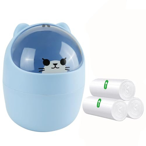 Mini Trash Can, Creative Tiny Countertop Garbage Bin with 3 Rolls of Bin Liners, Cute Desktop Wastebasket with Flip Lid, Cartoon Plastic Storage Bin for Bedroom, Bathroom, Kitchen, Office (Blue)