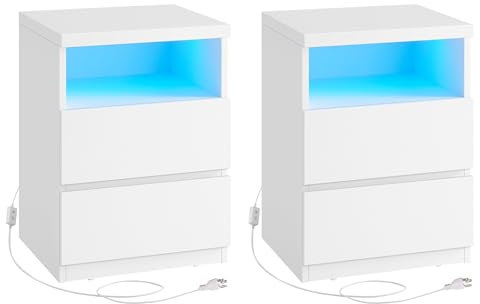 VASAGLE KAILYN Collection - Set of 2 Nightstands with Adjustable LED Light, Bedside Table with Drawers, Side Tables, for Bedroom, Living Room, Modern Minimalist Style, White LET834W02
