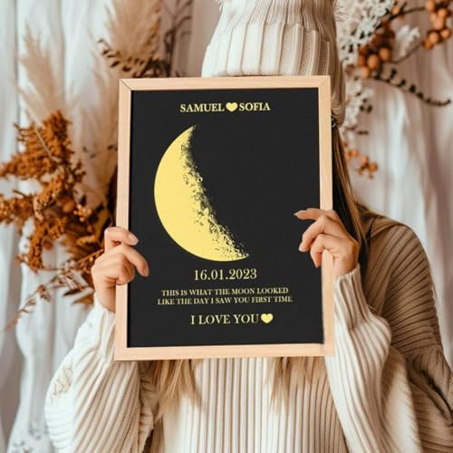Gufacai Mondphasen-Druck, individuelles Poster, Mondphasen-Leinwand, personalisierbar, Hochzeit, Mond, Geburt, Mondphase, besondere Anlässe, Jahrestagsdruck, Wandkunst-Tischrahmen (A3 (33 x 45 cm)