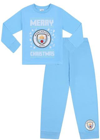 MANCHESTER CITY Football Club Mens and Kids Matching Family Merry Christmas Long Pyjama Set Boys Girls Xmas PJ's (12-13 Years) Blue