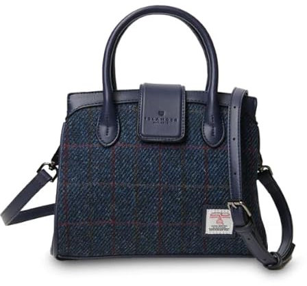 Islander Harris Tweed Mini Tiree Tote, Marineblaues Overcheck, Medium