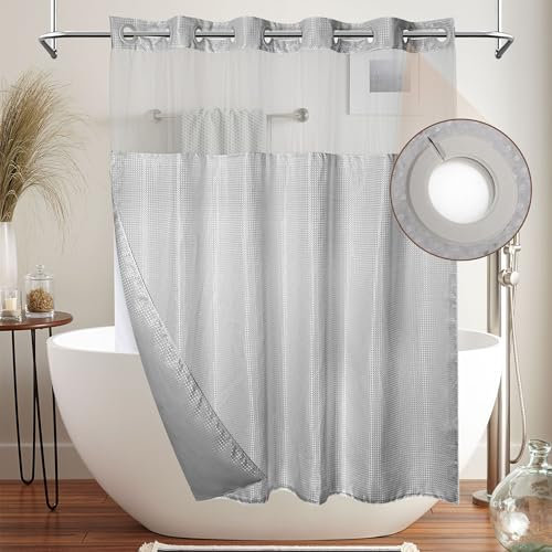 MEKOTRIN Hookless Shower Curtain with Snap on Liner Waffle Fabric Double Layer, 74 x 71 Inch Weighted Grey Shower Curtains with Viewing Window, Bath Curtain Waterproof for Bathroom Hotel(Grey)