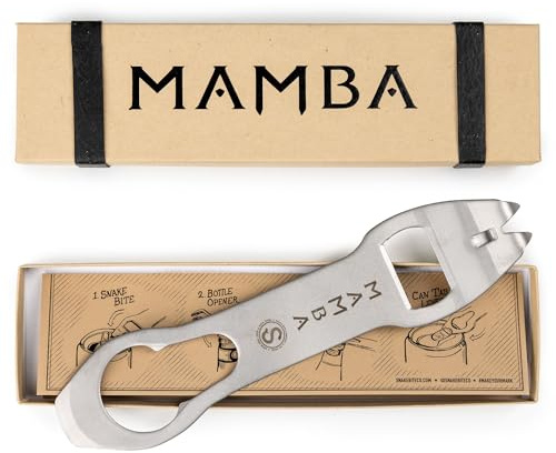 The Mamba Bottle Opener & Bartending Tool – 100% USA-Made, Patented Stainless Steel Bar Key – Flat Bottle Opener for Bartenders, Pour Spout Remover, Church Key Can Punch by Snake Bite