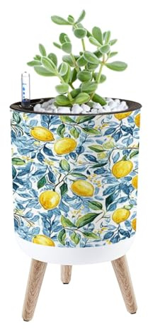 Übertopf mit Ständer, schönes nahtloses Muster, sizilianischer Stil, handgezeichnete Aquarell-Zitronen, 21,8 cm, selbstwässernder Blumentopf mit Beinen, Wasserstandsanzeige und Wassereinlass, fauler