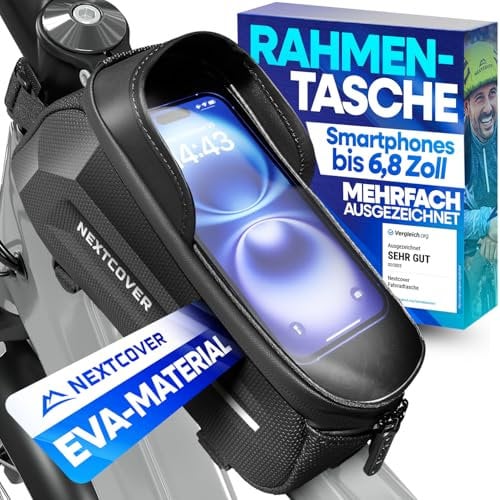 Nextcover® Rahmentasche Fahrrad mit Handytasche I Fahrrad Rahmentasche mit Touchscreen I Fahrradtasche Rahmen Wasserdicht, Oberrohrtasche Bikepacking - Ideal für E-Bike, MTB, Gravelbike, Rennrad