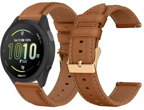 LanQii 20mm Leder Armband für Garmin Approach S50/S44/Vivoactive 6/Vivoactive 5/3 Uhrenarmband, Weiches Leder Ersatzarmband für Garmin Forerunner 570/Forerunner 165/245 Venu Sq 2/Venu 2 Plus, Braun
