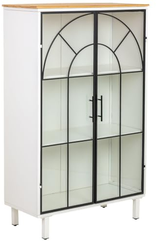 WANDERLUST DECO Vitrine en métal, Bois et Verre, 2 Portes, Blanc, 80x35x130,5h cm